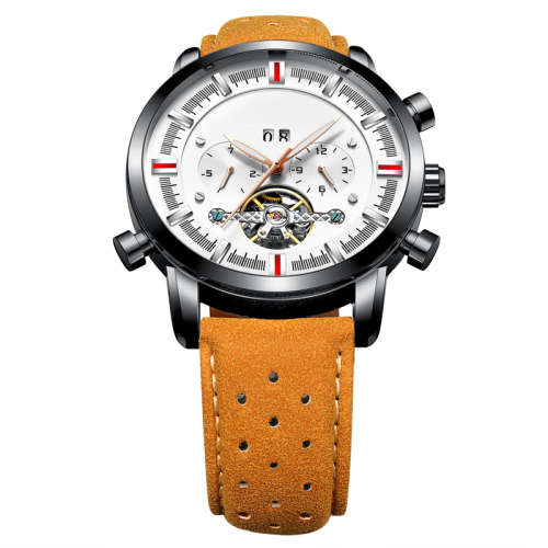 KINYUED J019-3 Private Label Gold Case Genuine Leather Auto Date Skeleton Tourbillon Automatic Mecha