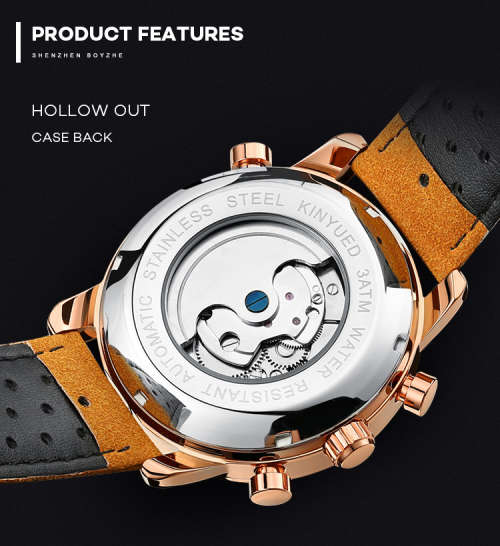 KINYUED J019-3 Private Label Gold Case Genuine Leather Auto Date Skeleton Tourbillon Automatic Mecha