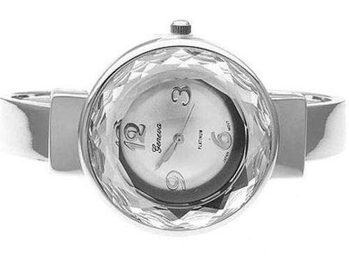 GENEVA PLATINUM FASHION LADIES WATCH - LARGE NUMBERS ON GLASS PATTERNED ROUND BEZEL - HIGHLY POLISHE