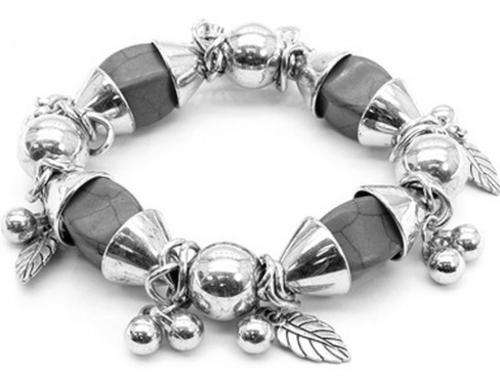 RED NATURAL STONES AND SILVER COLOUR BEADS AND CHARMS - STRETCH BRACELET