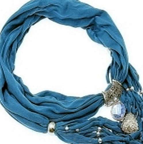 BLUE SILK SCARF WITH BEADS AND HEART PENDANT....