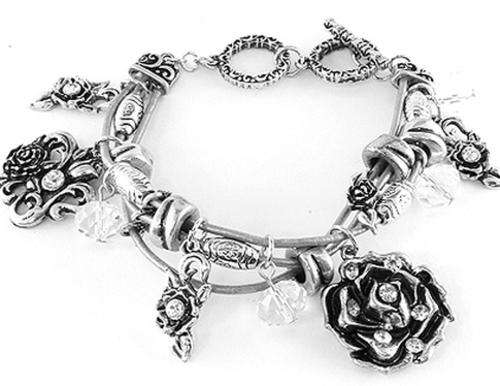 ROSE IMAGE - SILVER COLOR WITH CRYSTAL STONE INLAYS - TOGGLE BRACELET