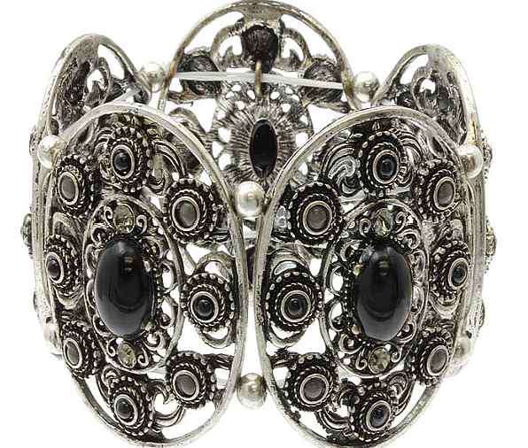 BLACK METALIC - CRYSTAL STONE, BURNISH OVAL DISC - CHUNKY STRETCH BRACELET