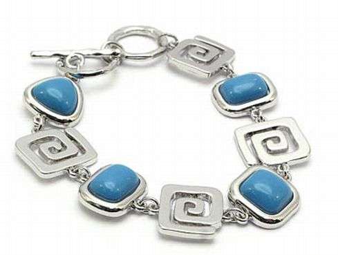 NATURAL TURQUOISE  STONE INLAYS IN SILVER COLOR SCROLLS TOGGLE BRACELET