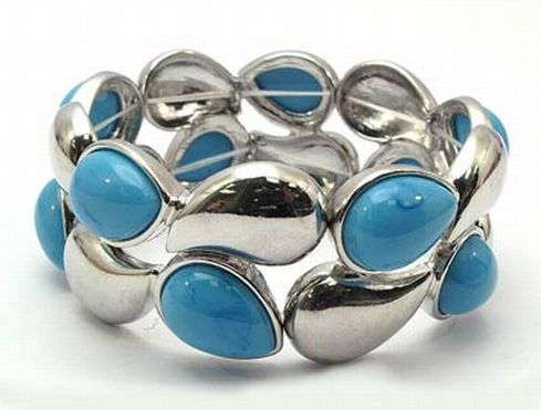 SILVER METAL - TEARDROP MOTIF WITH TURQUOISE INLAYS - STRETCHY BRACELET