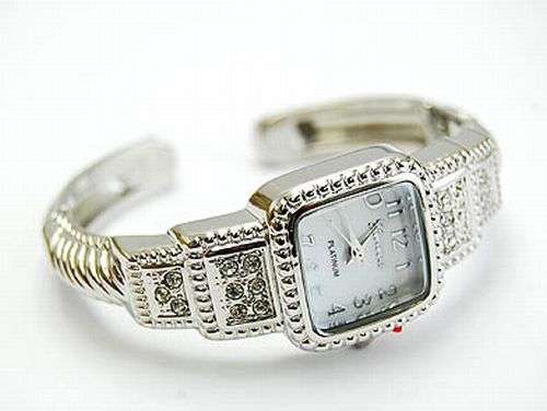 SQUARE FACE - AUSTRIAN CRYSTAL INLAYS ON CUFF - GENEVA PLATINUM CUFF WATCH