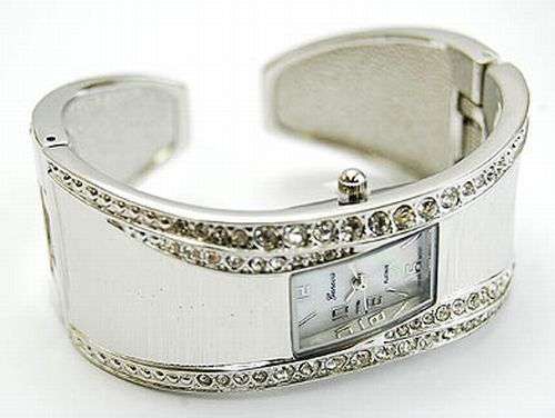 SQUARE FACE - AUSTRIAN CRYSTAL INLAYS ON CUFF - GENEVA PLATINUM LADIES CUFF WATCH
