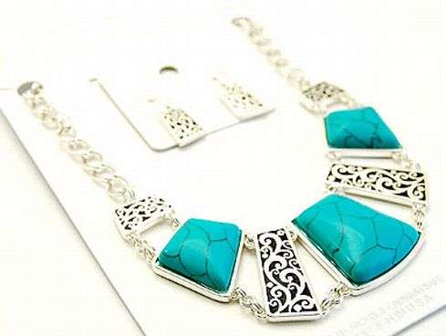 TURQUOISE NATURAL RECTANGLE STONES, TEXTURED NECKLACE SET