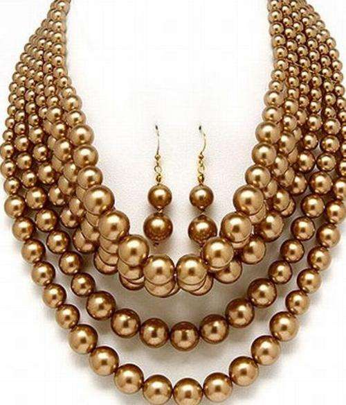 BRONZE COLOR - CHUNKY MULTI STRAND GLASS PEARLS - NECKLACE SET