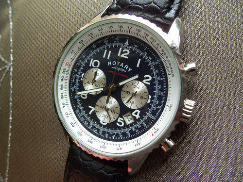 ROTARY Chronograph Black Leather Strap Aviator Gents Watch*RARE ITEM*