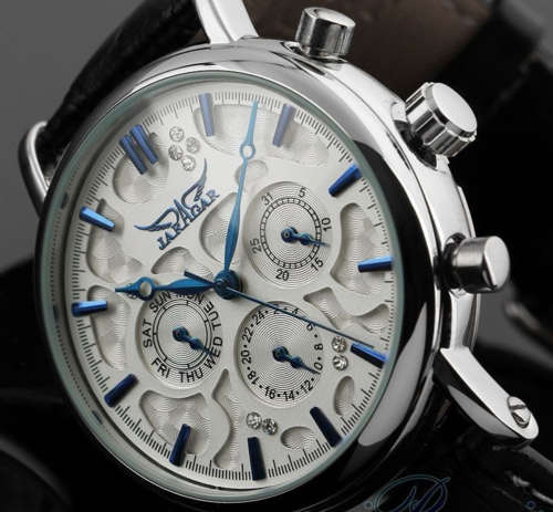 JARAGAR Mechanical 6-Hand Black Leather Gents Dress Watch"LAST 1!!"