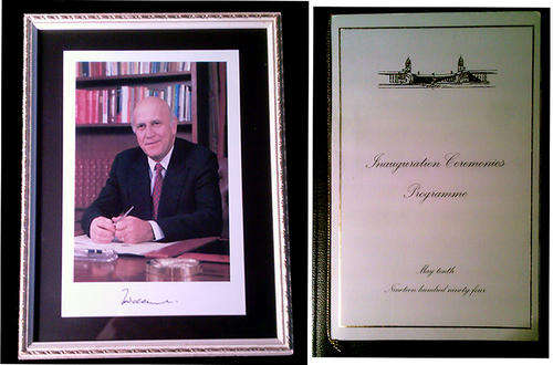 Framed F.W. de Klerk Hand signed photo print + Hand signed VIP Inauguration Programme