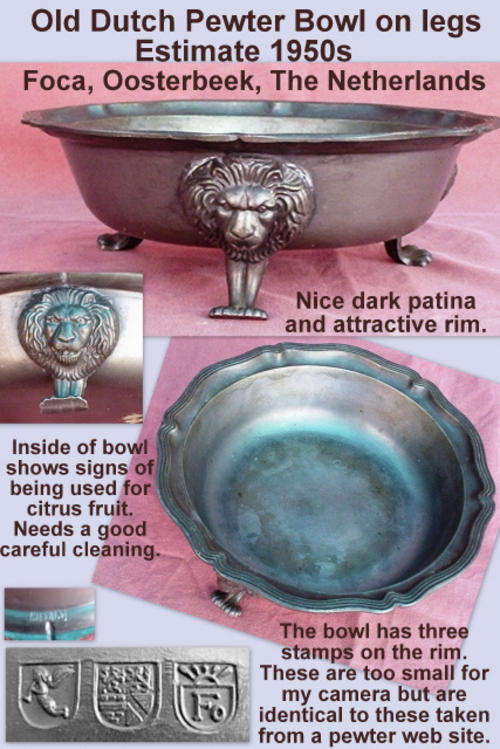 dutch pewter foca oosterbeek the netherlands bowl three lion legs 1950