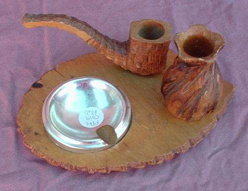 Tin ashtray with hand crafted ornamental pipe and tobacco holder - unusual - estimated 1960s