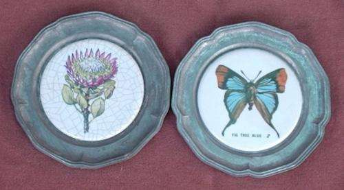 Pewter Coasters/ Wall Hangers - One is stamped "Ein kleines Dankeschon vom Verlag das Beste"