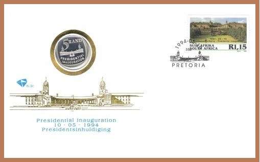 1994 MANDELA PRESIDENTIAL INAUGURATION R5 COIN IN FDC 6.3c