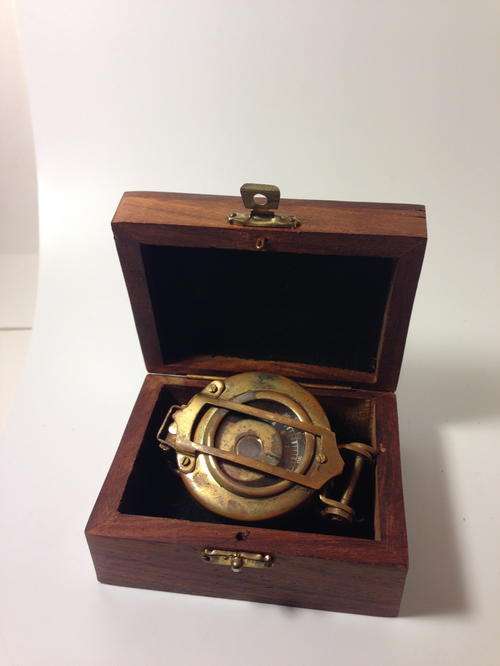 Brass Compass in ornate wooden box - See pictures for condition