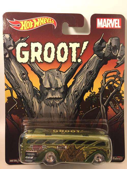 HW - Surfin' School Bus  - 2015 Marvel Hot Wheels Pop Culture Series Groot - Green - Long Card