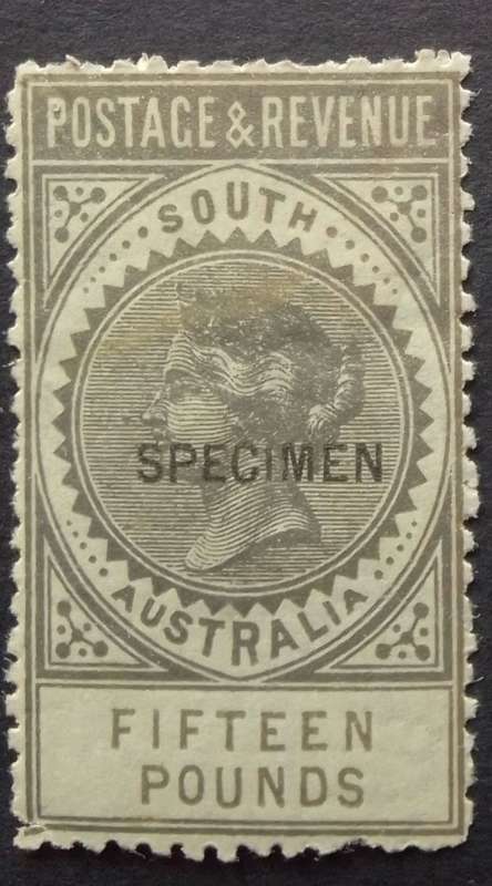 1886 South Australia Queen Victoria 15 pound silver over stamped  specimen,not used was hinged.