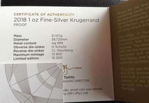 2018 South Africa Silver Krugerrand Proof 1 oz Coin