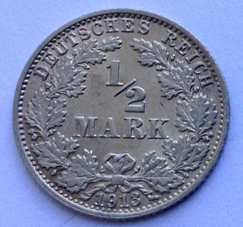 1913 J 1/2 Mark German Empire Silver Coin Eagle