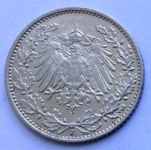1913 J 1/2 Mark German Empire Silver Coin Eagle