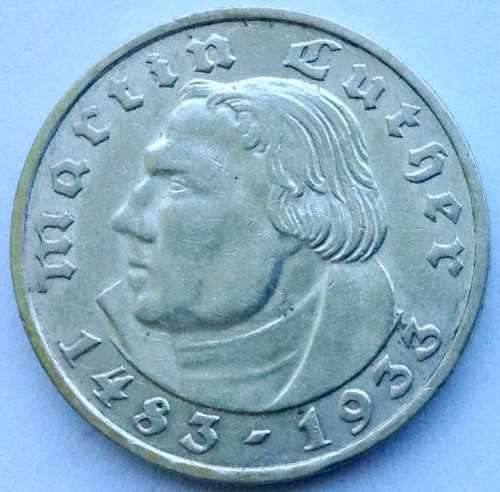 1933 F GERMANY MARTIN LUTHER SILVER 2 MARK COIN TOP CONDITION AU