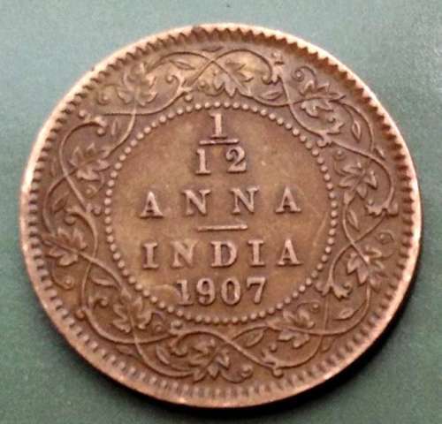 RARE 1907 BRITISH INDIA  1/12 ANNA AU/UNC