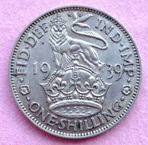 1939 George VI 1 Shilling Coin AU, Silver .500