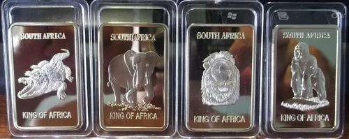 4x KRUGERRAND 1 OZ 999-24K GOLD PLATED BAR KING OF AFRICA, GORILLA, LION, CROCODILE, ELEPHANT.