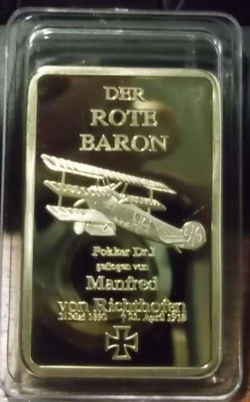 The Red Baron Manfred von Richthofen  GOLD Bar 1 OZ .999. 100 MILLS GOLD Plated