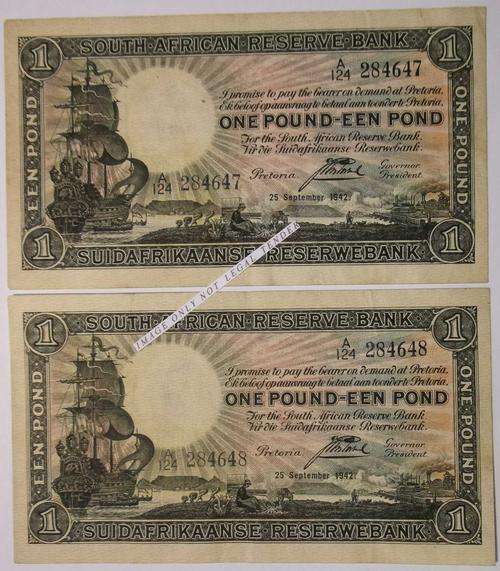 2 X J Postmus One Pound Banknotes A124 in sequence as per scan