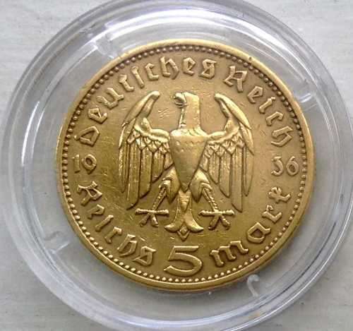 1936  5 Mark Silver Coin Deutsches Reich Paul von Hindenburg Gold Plated