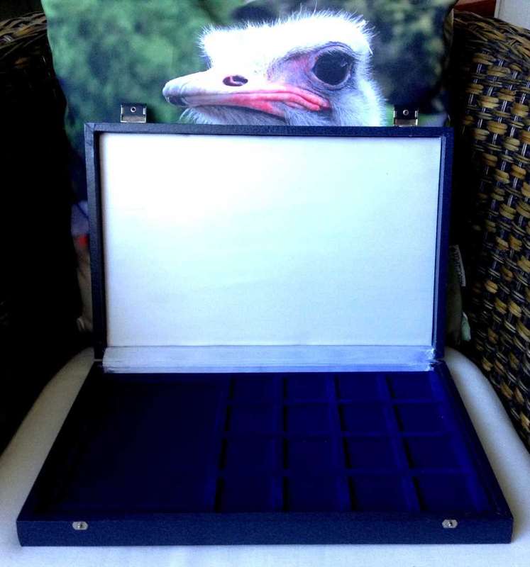 Coin case/storage box, size 360mm x 240mm with 2 trays, holds 48 coins size 42mm plus side space, in