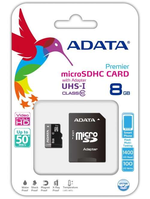 Adata 8Gb Micro SD Card with SD Adaptor - SDHC - Class 10