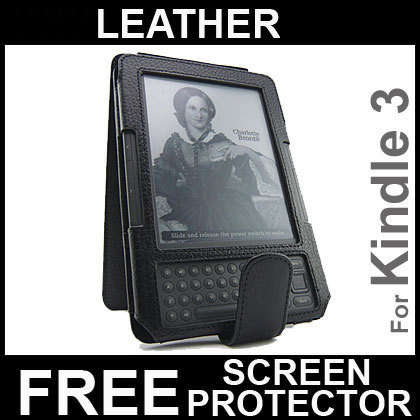 Black Flip Leather Case Cover + Screen Guard for Kindle 3