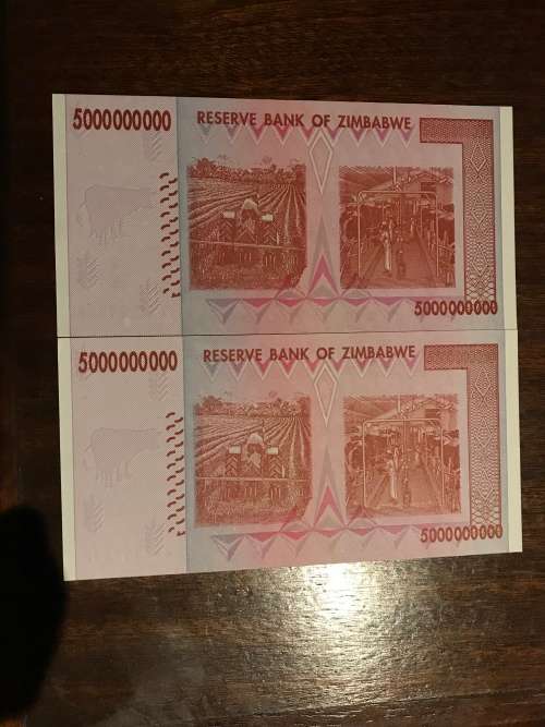 2 x UNCIRCULATED  ZIM 5 BILJOEN $ ( sequence)