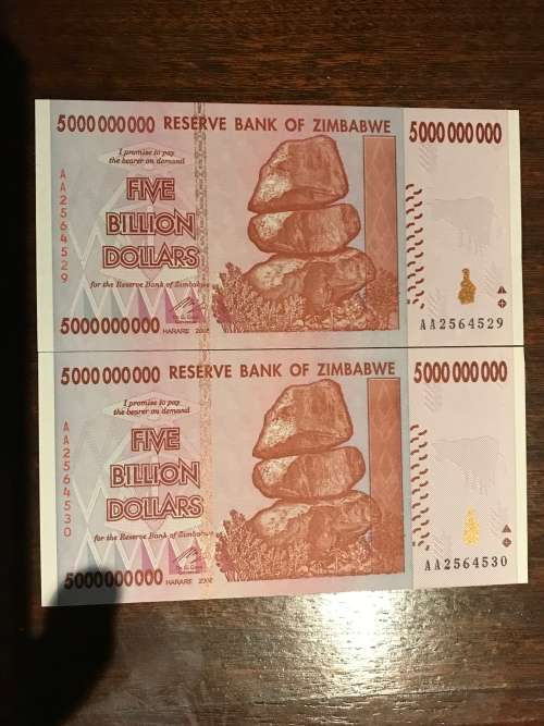 2 x UNCIRCULATED  ZIM 5 BILJOEN $ ( sequence)