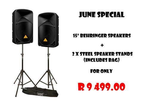 BEHRINGER 15"Powered Active Speakers + Steel Speaker Stands (Includes Bag)