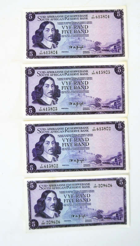 Bank Notes FIVE Rand TW de Jongh set of 4