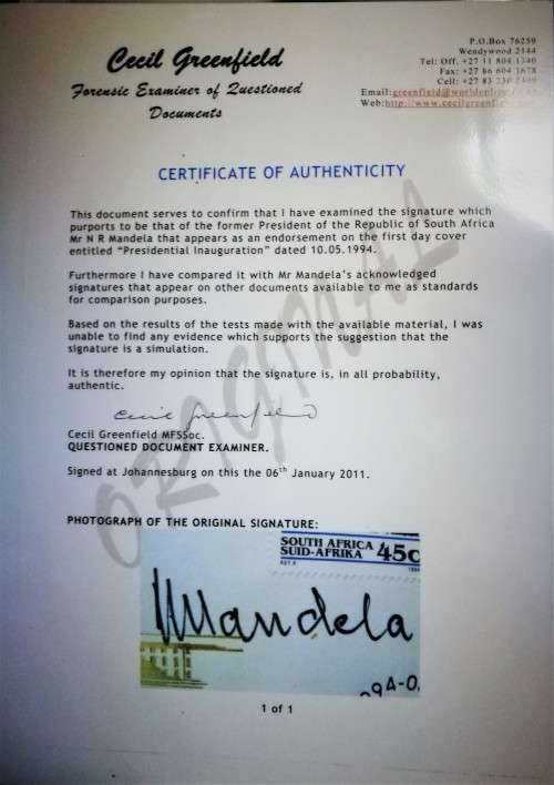MANDELA & DE KLERK AUTHENTIC SIGNATURE - CECIL GREENFIELD COA - SIGNED 10/05/1994 PRES. INAUGURATION