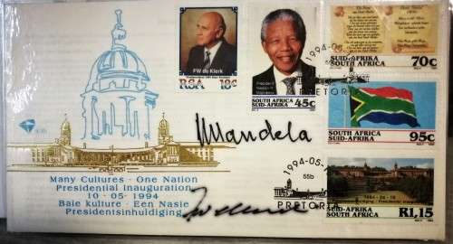 MANDELA & DE KLERK AUTHENTIC SIGNATURE - CECIL GREENFIELD COA - SIGNED 10/05/1994 PRES. INAUGURATION