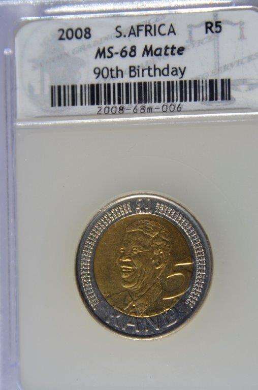 MS68 - MANDELA 2008  90TH BIRTHDAY R5,00 - VERY RARE GRADE - 2ND HIGHEST EVER