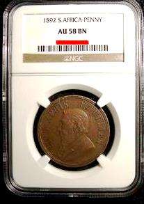 ZAR 1892 PENNY - AU58 BN NGC - RARE HIGH GRADE - LOVELY KEY YEAR COIN