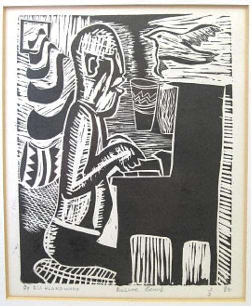 Linocut by David Hlongwane, "Dollar Brand"