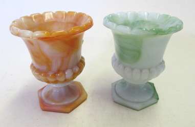 Pair of small, marbelled, milk glass vases