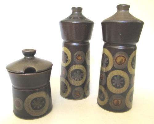 Denby salt, pepper and mustard set, Arabesque decoration