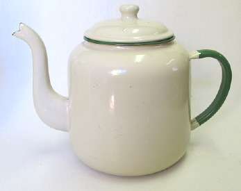 Large vintage cream and green enamel teapot
