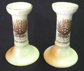Pair of Lucky White Heather souvenir ware candlesticks
