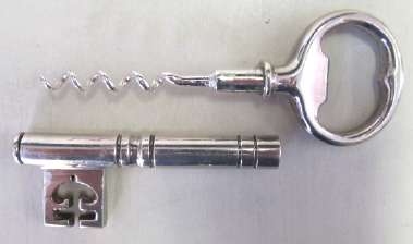 Key-shaped corkscrew and bottle opener, silver plated